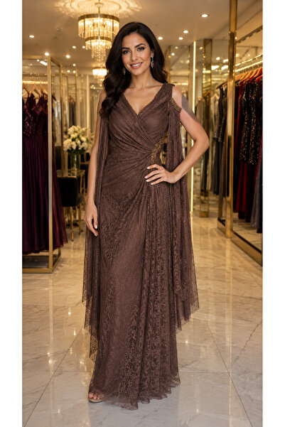 FOR COSTUME Dantel Detaylı Taş İşlemeli Drapeli Uzun Abiye Elbise 10422