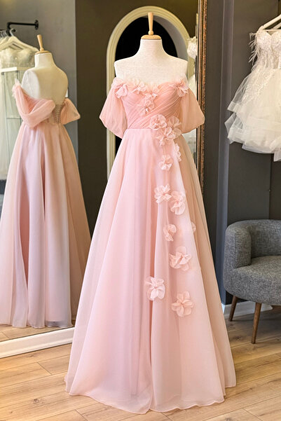 Lenta Moda Pudra Drapeli ve Çiçekli Karolin Etek Maxi Boy Abiye ve Parti Elbi...