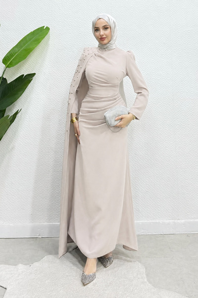 Tesettür Diyarı فستان سهرة إسلامي من قماش الكريب مع عباءة مرصعة بالأحجار من ز...