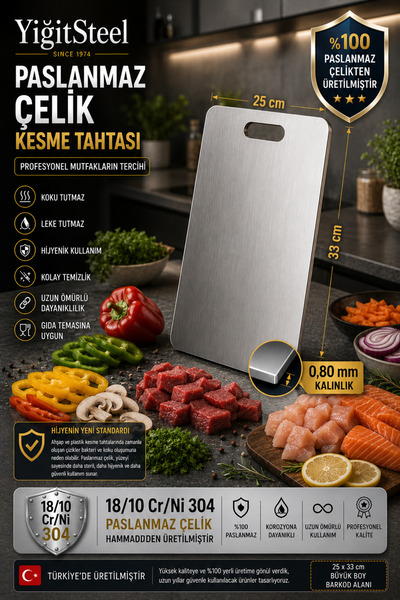 YİĞİTSTEEL 18/10 Cr-Ni Paslanmaz Çelik Büyük Boy Kesim Panosu / Levhası - Çel...