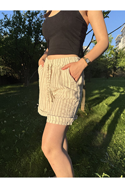 cesita Pantaloni scurți de damă, 100% bumbac, din țesătură muselină, maro, cu...