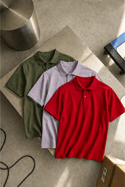 COMBİNE MİCHAİL Men's Short Sleeve 3-Piece Loose Polo Collar T-Shirt