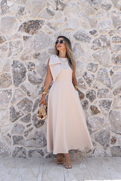 bytugcekaya Beige Shoulder Bow Dress