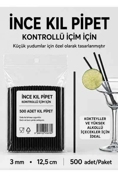 ardin İnce Kıl Pipet 3 mm 12,5 cm Siyah Kokteyl Pipeti 500 Adet