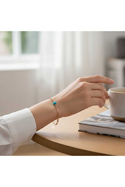 HOBİSY GIFT SHOP Rose Color Chain Bracelet with Evil Eye Beads - Minimalist E...