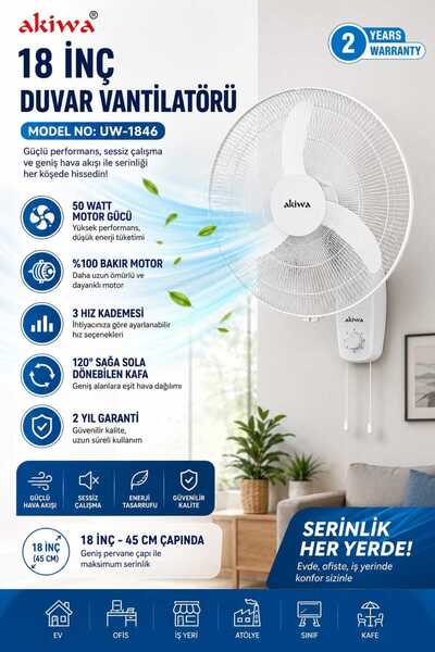 Akiwa ASVEN 18 İNÇ DUVAR VANTİLATÖRÜ MODEL NO: UW-1846