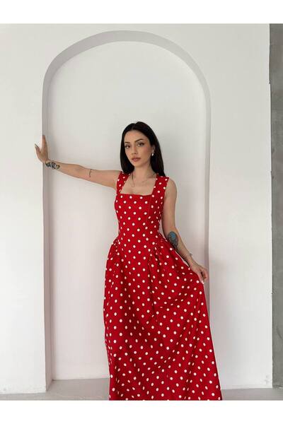 Bella Breeze Midi haljina sa kvadratnim izrezom i točkastim uzorkom, elegantn...