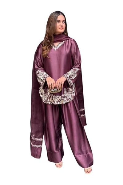 MYSMAR Purple Crepe Silk Embroidered Palazzo Suit Set - HRT7875 | Purple-Size...