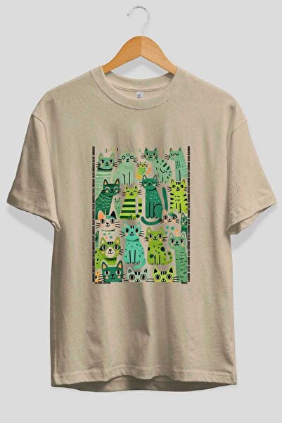 Ankhises For the Sake of Cats 92 Front Cat Printed Beige Oversize T-Shirt 100...