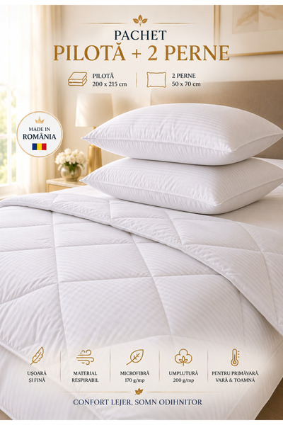 RALEX PUCIOASA Set de pilote Damasc 200x215 cm + 2 perne 50x70 cm, Alb, Matla...