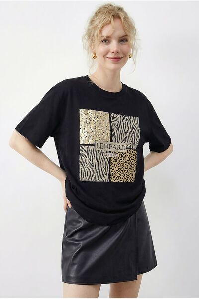 Hiccup Tricou cu guler rotund și paiete cu imprimeu leopard LUCCI