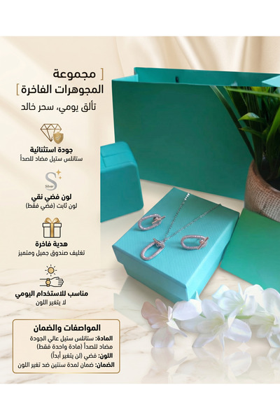 Rexon طقم مجوهرات فاخر من الفولاذ المقاوم للصدأ بلون فضي، يتألف من قلادة وأقر...