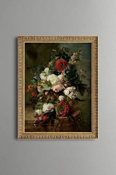 epiqart Flowers on Stone Pedestal - Vintage Patterned Frame - Slim Model