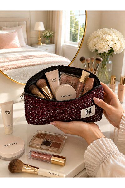 MAKE BAG BÜYÜLTÜLMÜŞ KIRMIZI BONCUKLU ORTA BOY MAKYAJ ÇANTASI
