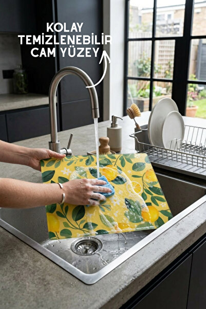 Nandy Home Limon Desenli Cam Kesim Tahtası - 25x35cm -Dayanıklı ve Pratik Kesim Matı