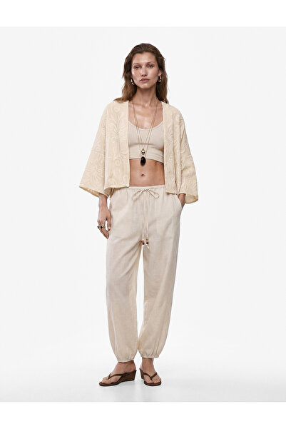 Koton X Melis Ağazat - Cotton Floral Textured Embroidered Short Kimono