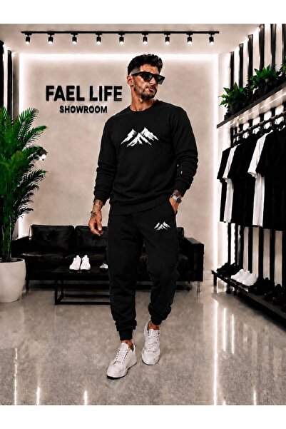 FAEL LİFE Unisex Wide Cut Zero Neckline and Sweatpants Mountain View Printed Set