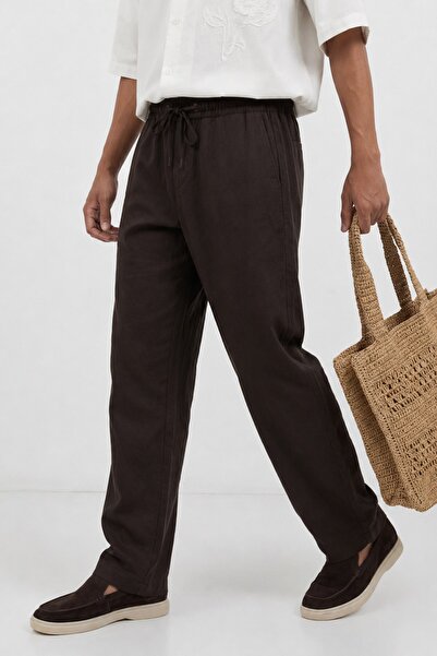 Antioch Brown Linen Blend Men's Trousers with Elastic Waist