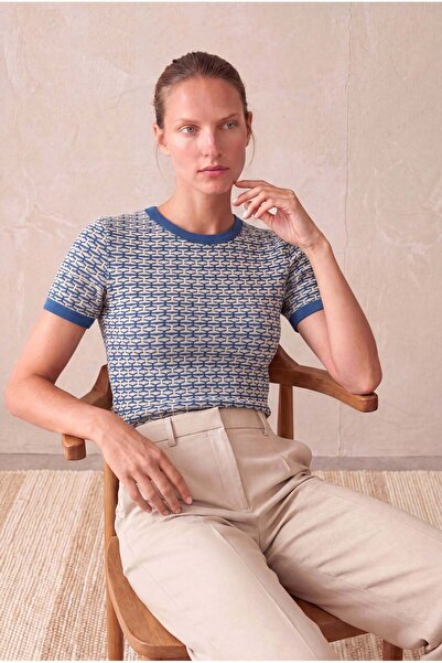 Women's Blue Patterned Cotton Knitted Crew Neck Short Sleeve T-Shirt CATARINA