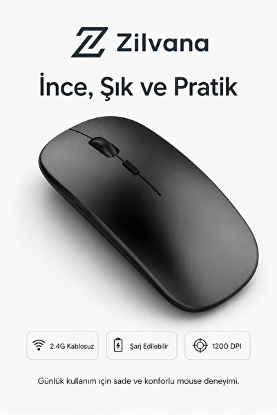 Zilvana Siyah Slim Kablosuz Mouse 2.4G Şarj Edilebilir 1200 DPI İnce Tasarıml...