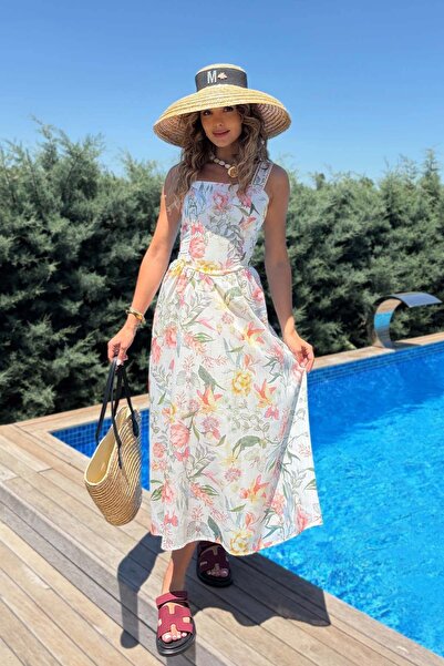 Mine Tan Butik Kalın Askılı Kare Yaka Çiçek Desenli Elbise - Bej
