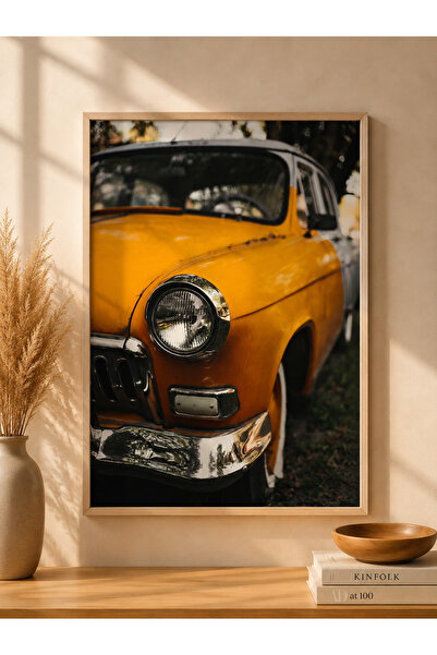 bestablo Tablou din lemn cu ramă, cu mașină clasică retro galbenă |   Decor p...