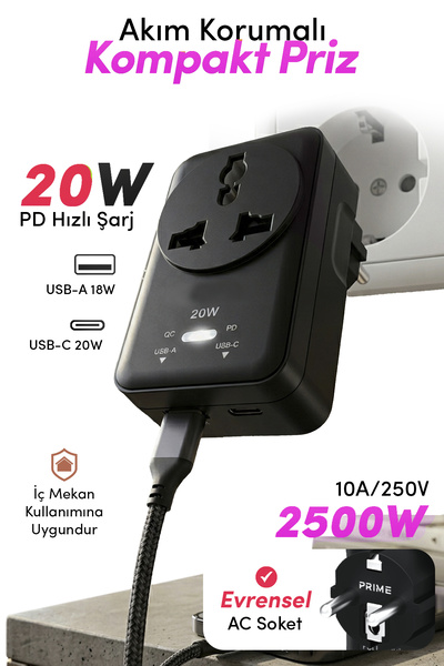 The Wlue 20W PD Hızlı Şarjlı Akım Korumalı Kompakt Priz | 2500W | USB-C & USB...