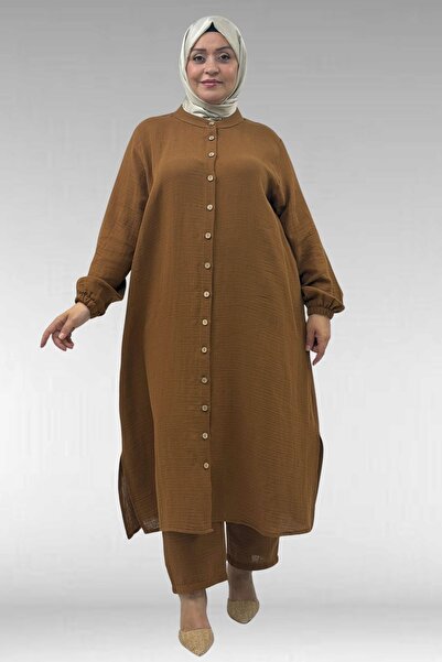 Eslina 57044 Plus Size Button-Down Muslin Pants Suit with Elastic Sleeves - Tan