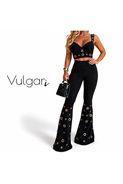 vulgariromania Costum auriu elegant de damă, negru, cu top și pantaloni evaza...