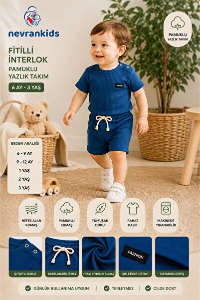 nevrankids Fitilli İnterlok Pamuklu Yazlık Bebek Takımı Şortlu Unısex İkili Takım 6 Ay - 3 Yaş - İndigo
