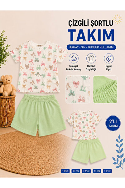 Kinlee Kız Çocuk Fiyonk Desenli Kısa Kollu Tişört ve Yeşil Şortlu 2'li Yazlık...
