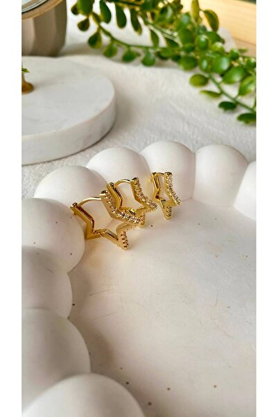 stainless steell Üçlü 14K Taşlı Yıldız Model Küpe Seti
