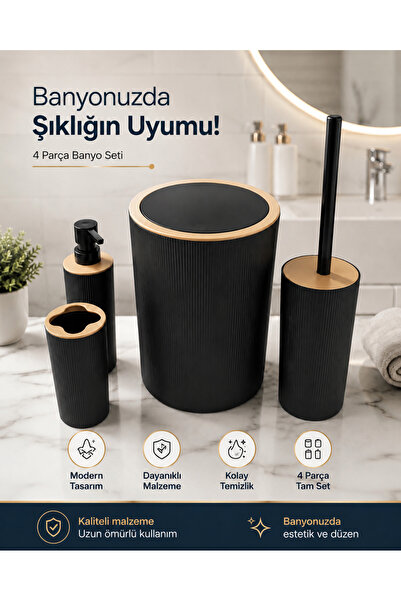 MİKRA Siyah Desenli Model 4 Parça Banyo Seti Çöp Kovası - WC Fırçalık - Sıvı ...