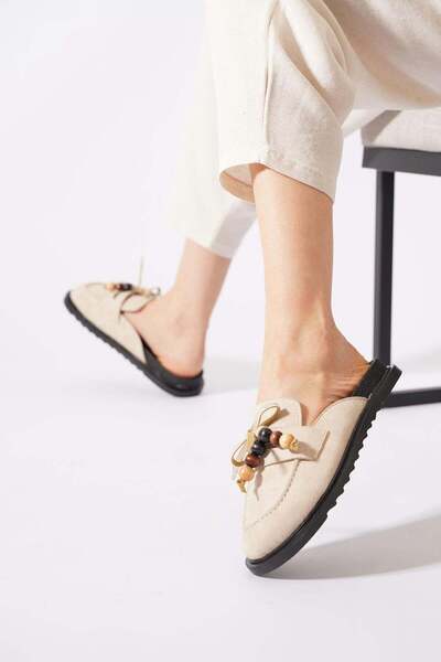 Moda Pie Lestan beaded detail women's slippers with belt beige suede