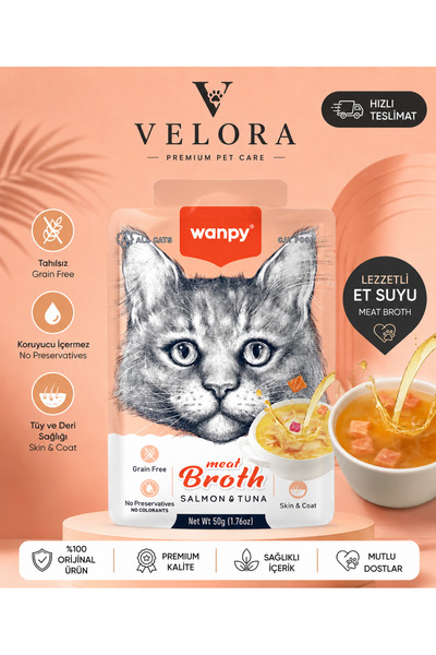 Wanpy Meat Broth Somon & Ton Balıklı Kedi Çorbası 50g - Tahılsız Sıvı Ek Gıda, Tüy ve Deri Desteği