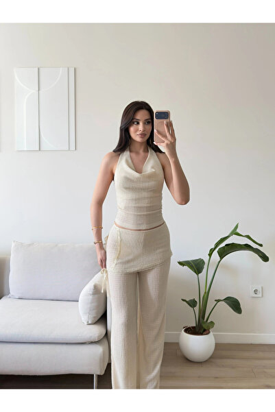 Zoom Butik Halter Yaka Şal Detay Takım - BEJ