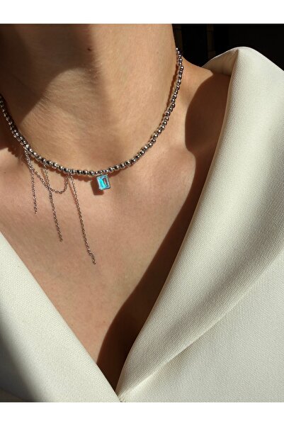 LUSORA ACCESORY Lusora Accessory El Yapımı Mavi Sallantı Detay Çelik Choker K...