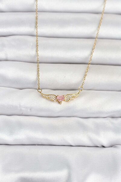 Inure Jewelry 316L Steel Chain Gold Color Winged Pink Heart Model Women's Nec...