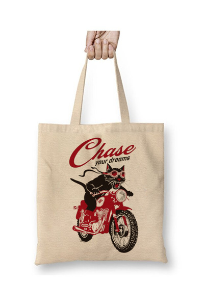 Toyaso Retro Motorcycle Black Cat Cat Motor White Cloth Bag Long Handle Shopp...