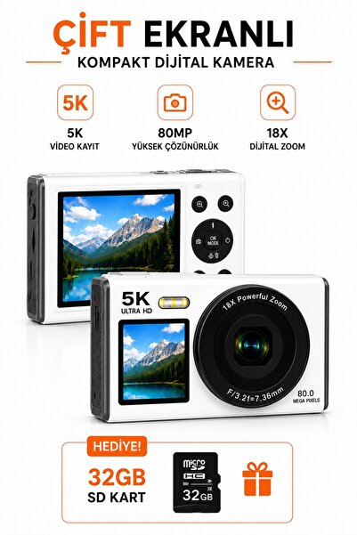 RAYLAX 5K Ultra HD Çift Ekranlı Dijital Fotoğraf Makinesi 80MP AF Otomatik Od...