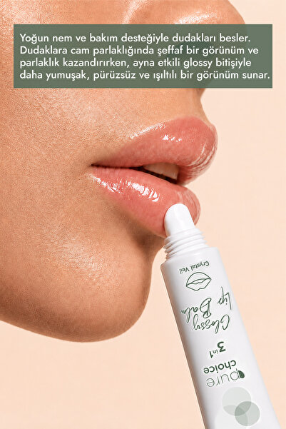 Pure Choice Crystal Veil Glossy Lip Balm – Nemlendirici, Onarıcı ve Parlatıcı | Ceramide NP + Squalane + Vitamin E