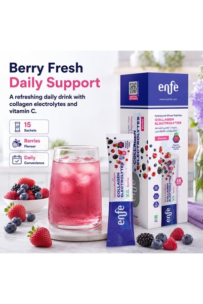 ENFE Veg Collagen Electrolytes™ 15 Sachets-Hydration & Beauty Support Formula - Hydrolyzed Wheat Peptides + Vitamin C from Acerola Cherry - Magnesium, Potassium & Sodium Electrolytes - Mixed Berries Flavor