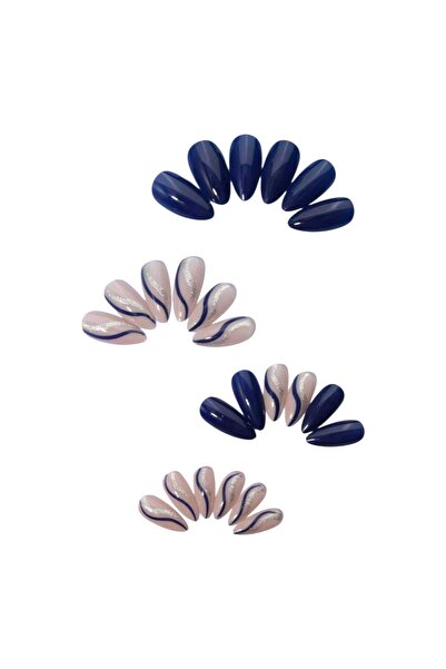 OEM Unghii false, bleumarin si argintiu, cu pila si adeziv incluse, set 24 buc