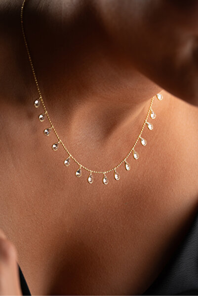 beonejewelry 925 Ayar Gümüş Damla Taş Sallantılı Top Zincirli Kolye