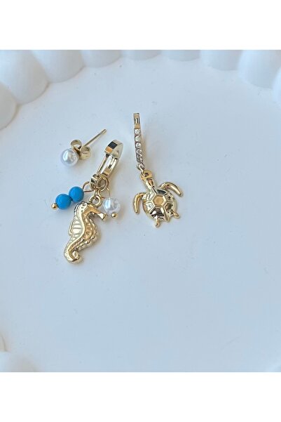 stainles steel Deniz Temalı Çelik 3'lü Küpe Seti - Seahorse ve Kaplumbağa Fig...