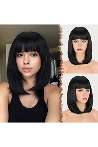 OEM Perucă bob scurtă cu breton, sintetică, dreaptă – Negru 35 cm