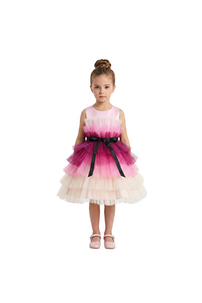 Bidani - Tiered Ombre Tulle Flower Girl Dress - Orange, Pink - 1Y to 6Y