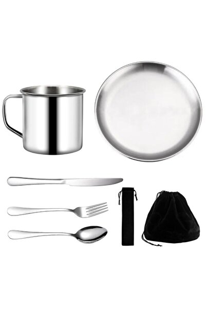 OEM Set de tacâmuri pentru camping, 7 piese, oțel inoxidabil, ușor – Negru