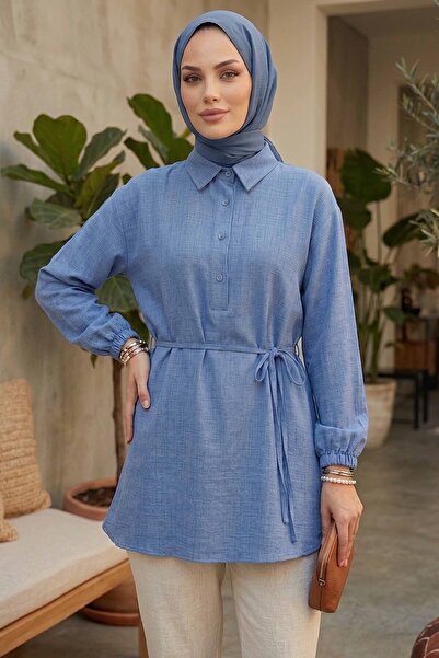 TOFİSA Kuşaklı Düğmeli Tunik - 1301-INDIGO