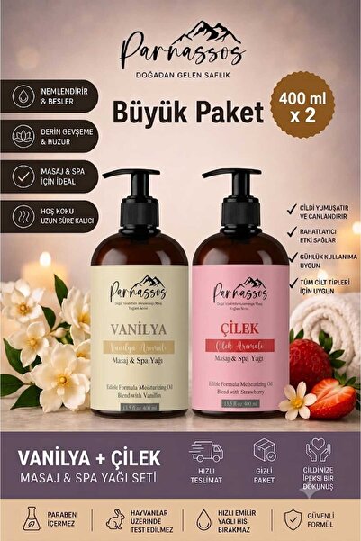 Parnassos Vanilya & Çilek Aromalı Masaj Yağı 400 ML – Tatlı Meyvemsi Koku, İp...